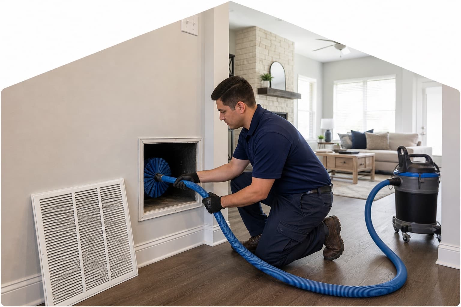 Technician cleaning a residential air duct with a rotary brush and vacuum