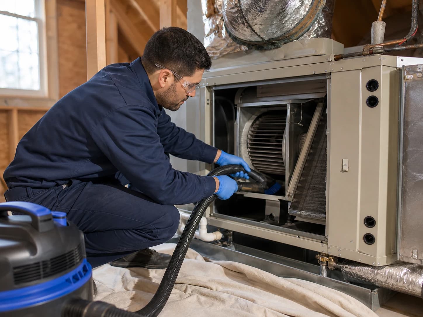 Technician cleaning an open residential HVAC blower compartment