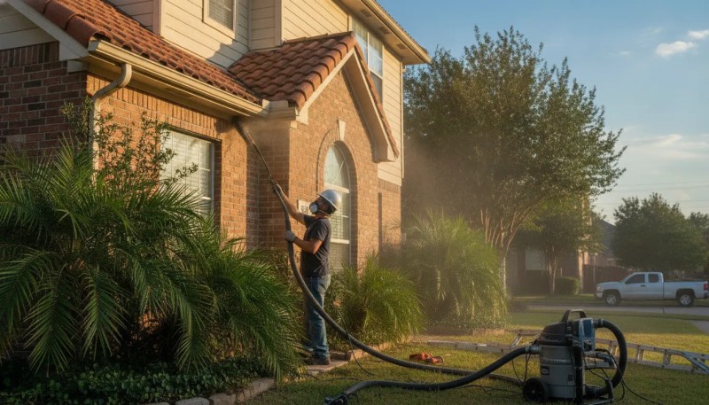 Technician cleaning a residential dryer vent on a Houston home