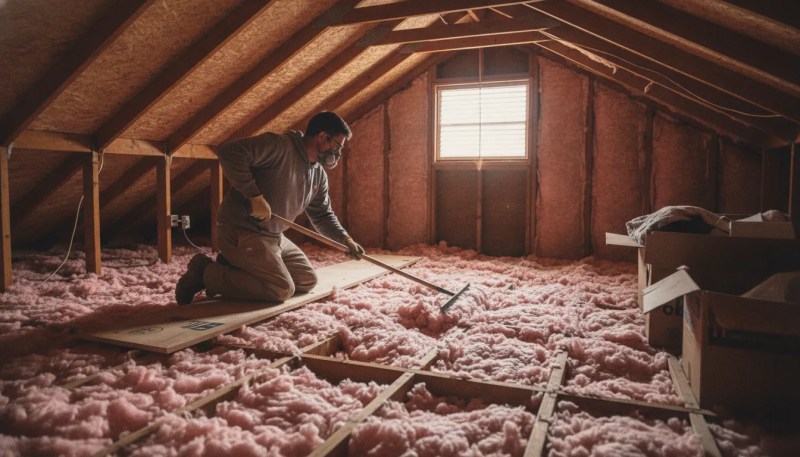 Technician leveling fresh fiberglass attic insulation in a Houston home attic