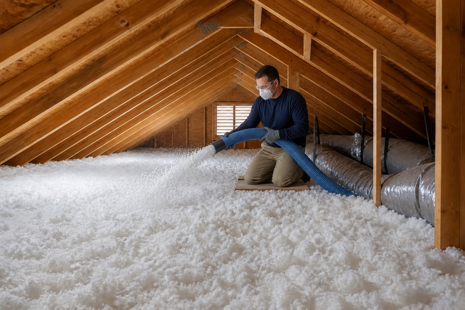 Technician professionally installing blown-in insulation in a Texas residential attic