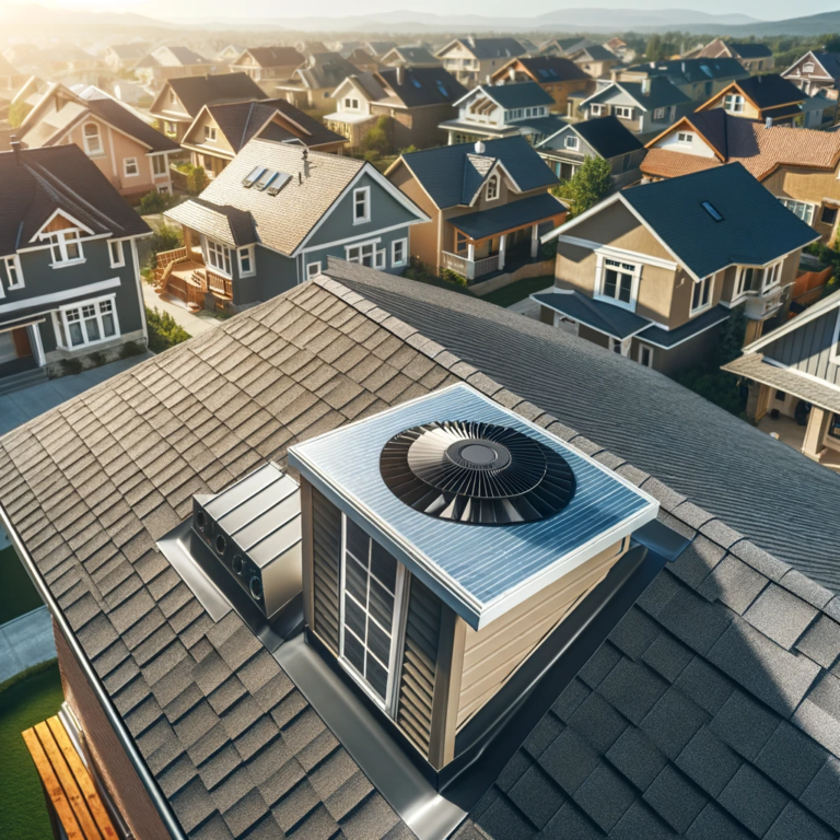 A homes roof with a solar fan attic installed