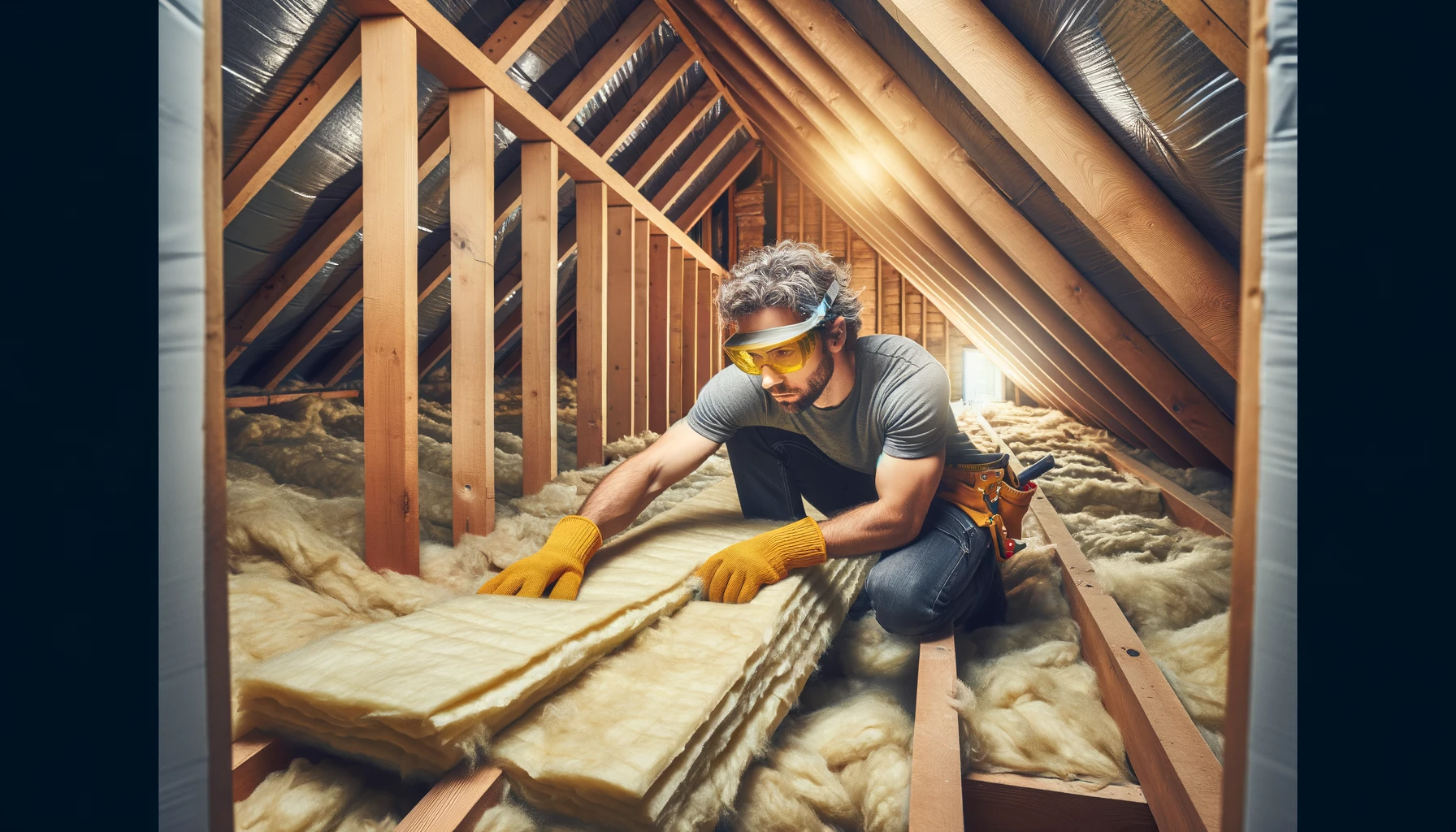 a worker installing fiberglass batt insulation in a homes attic