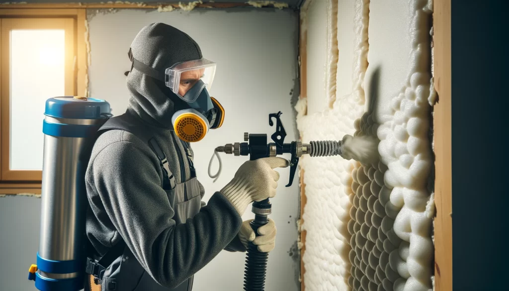 a worker installing spray foam insulation in a home