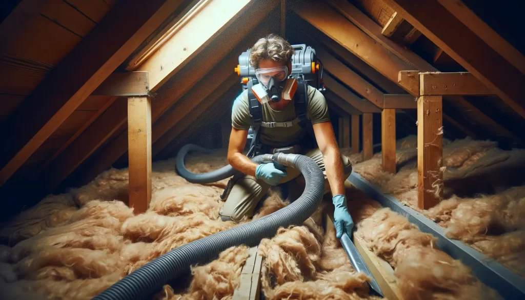 image depicts a professional worker in an attic, using a hose to remove old insulation