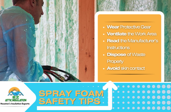Safety tips for spray foam insulation installation, including protective gear and ventilation.