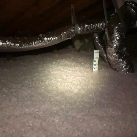 new blow in insulation installed in an attic measured to 15 inches high